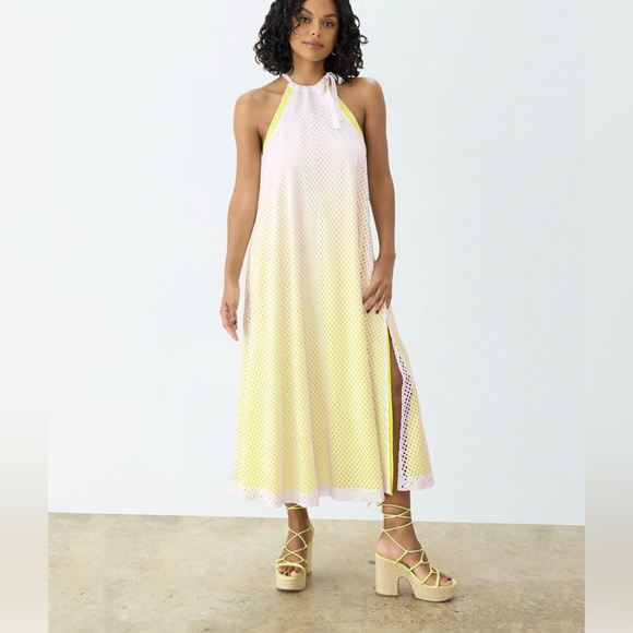GSTQ Dresses & Skirts - GSTQ Mesh Maxi Dress Yellow Halter Sundress with side pockets